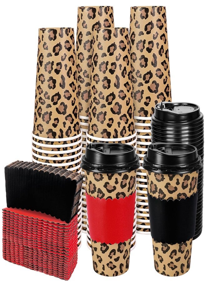 Whaline 50Pcs 16Oz Cheetah Print Leopard Party Disposable Coffee Cups with Lids and Sleeves Jungle Safari Leopard Paper Drinking Cup for Birthday Baby Shower Party Supplies - Image 1